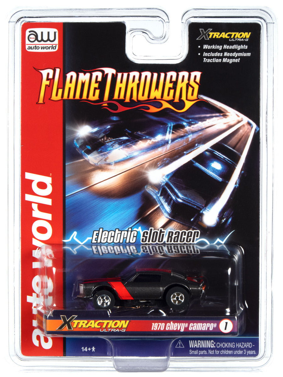 Black 1970 Chevy Camaro electric slot car set with flamethrower action for Auto World SC366