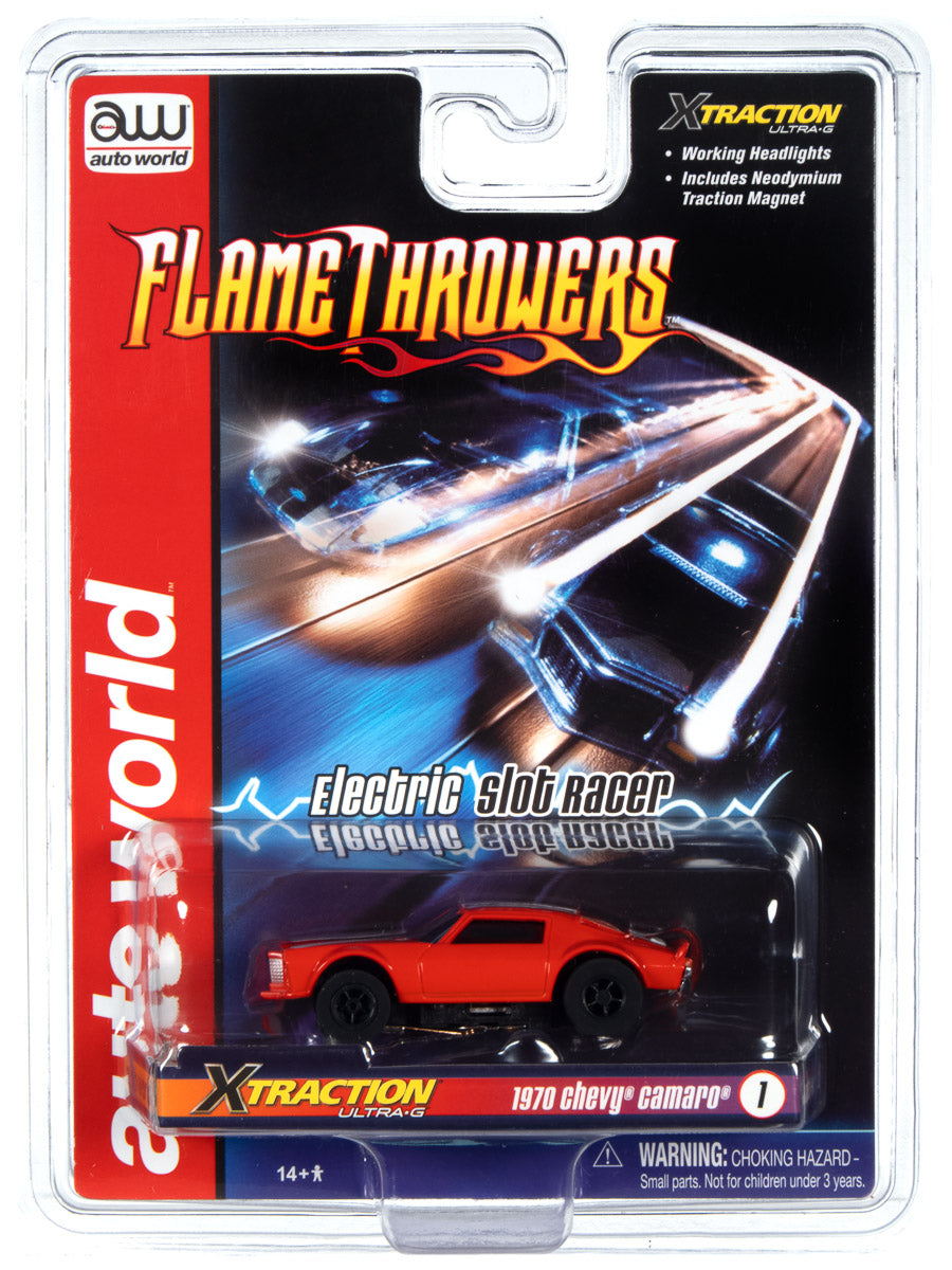 Red slot car toy packaging featuring a 1970 Chevy Camaro racer for Auto World SC366