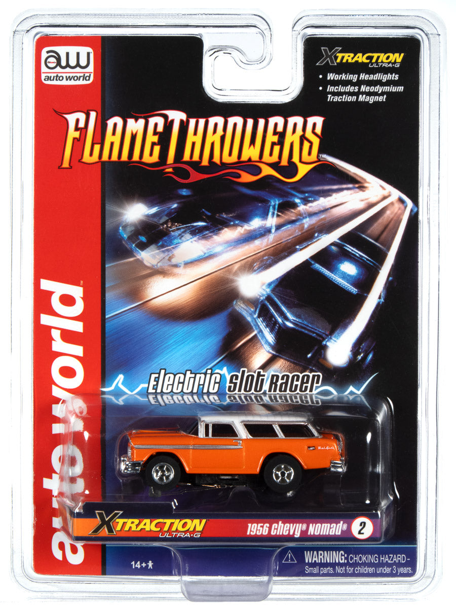 Orange and black electric slot car set featuring a 1956 Chevy Nomad racer for Auto World SC366