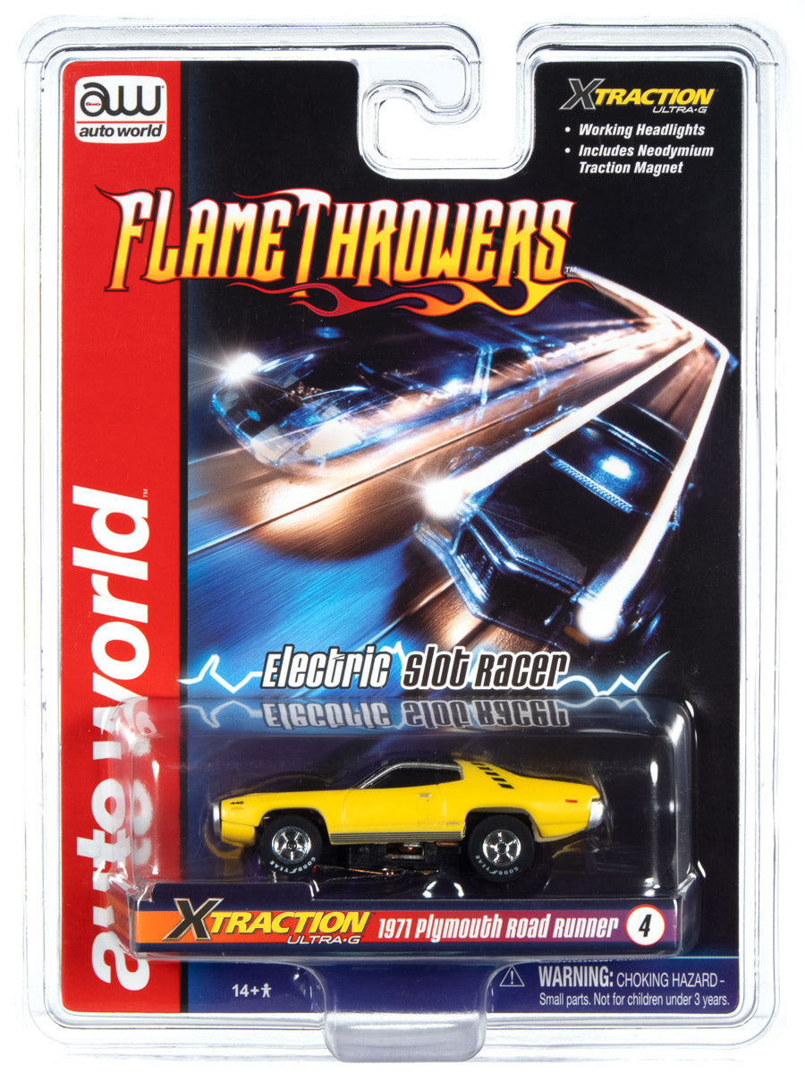 Yellow slot car racer with "Flamethrowers" title and "Auto World" branding for SC366