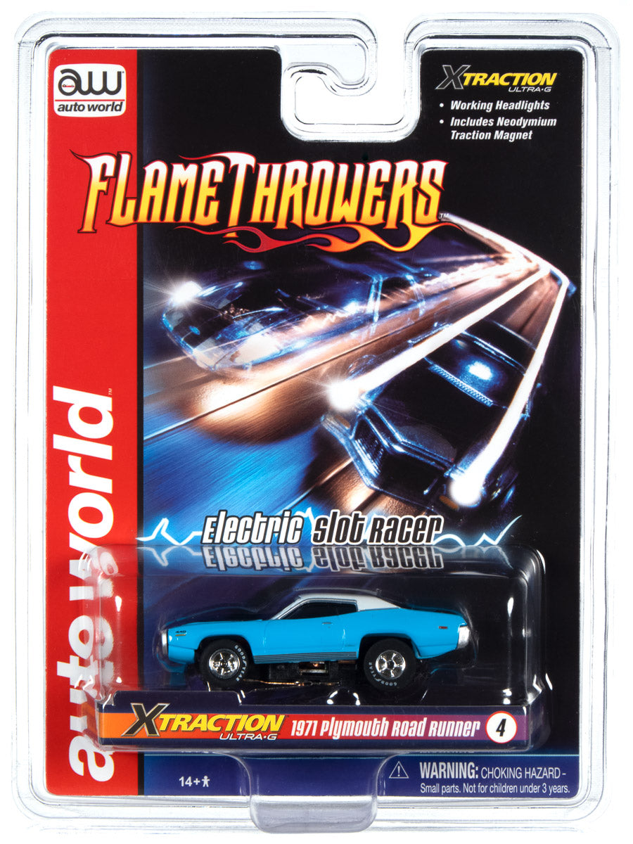 Blue 1971 Plymouth slot car set with flamethrower action for Auto World SC366