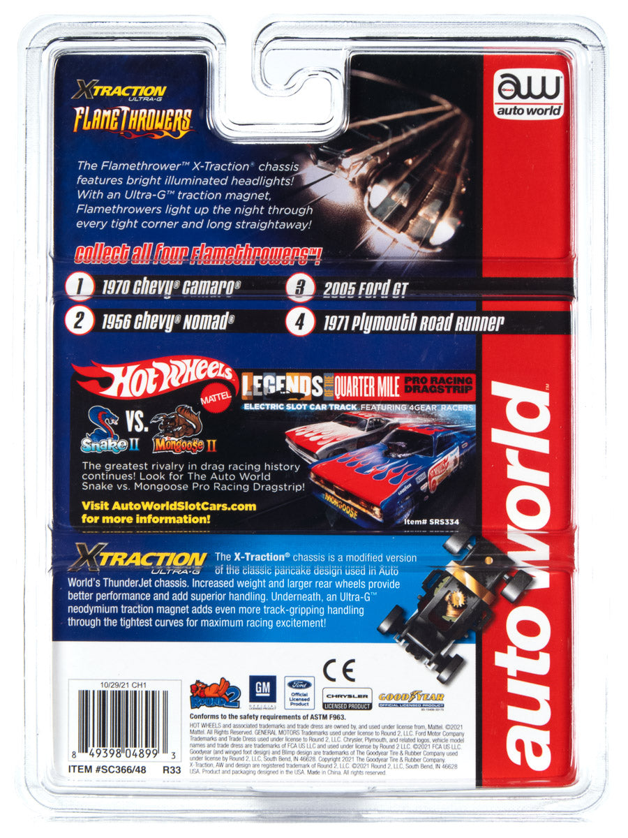 Slot car set: X-Traction Flamethrower, 1970 Camaro, 1956 Nomad, 2005 Ford GT, 1971 Plymouth for Auto World SC366