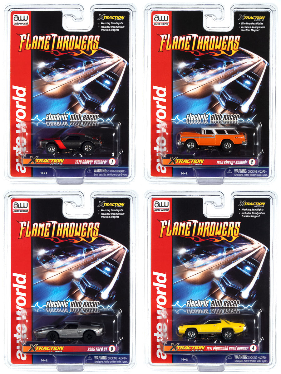 Toy car set featuring flamethrower action, with various models shown for Auto World SC366