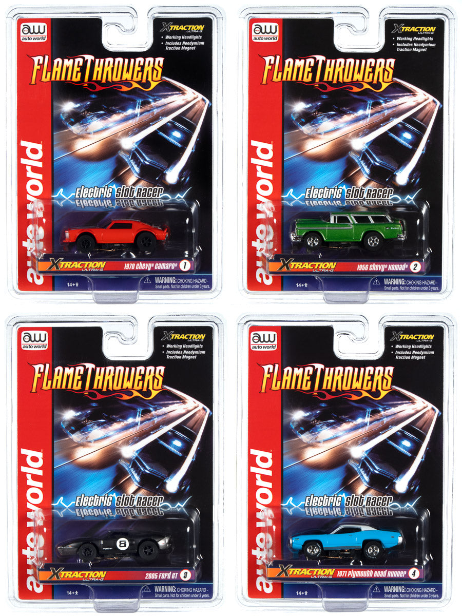 Remote-controlled toy flamethrower car set, featuring various models for Auto World SC366