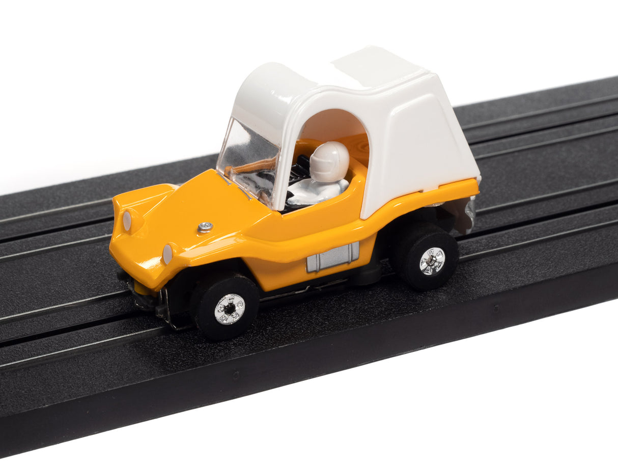 Yellow and white toy car on black track for Auto World SC367
