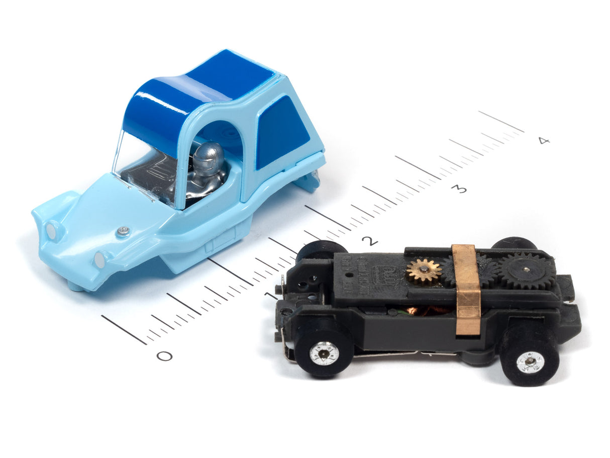 Blue and black toy cars on a ruler scale for Auto World SC367