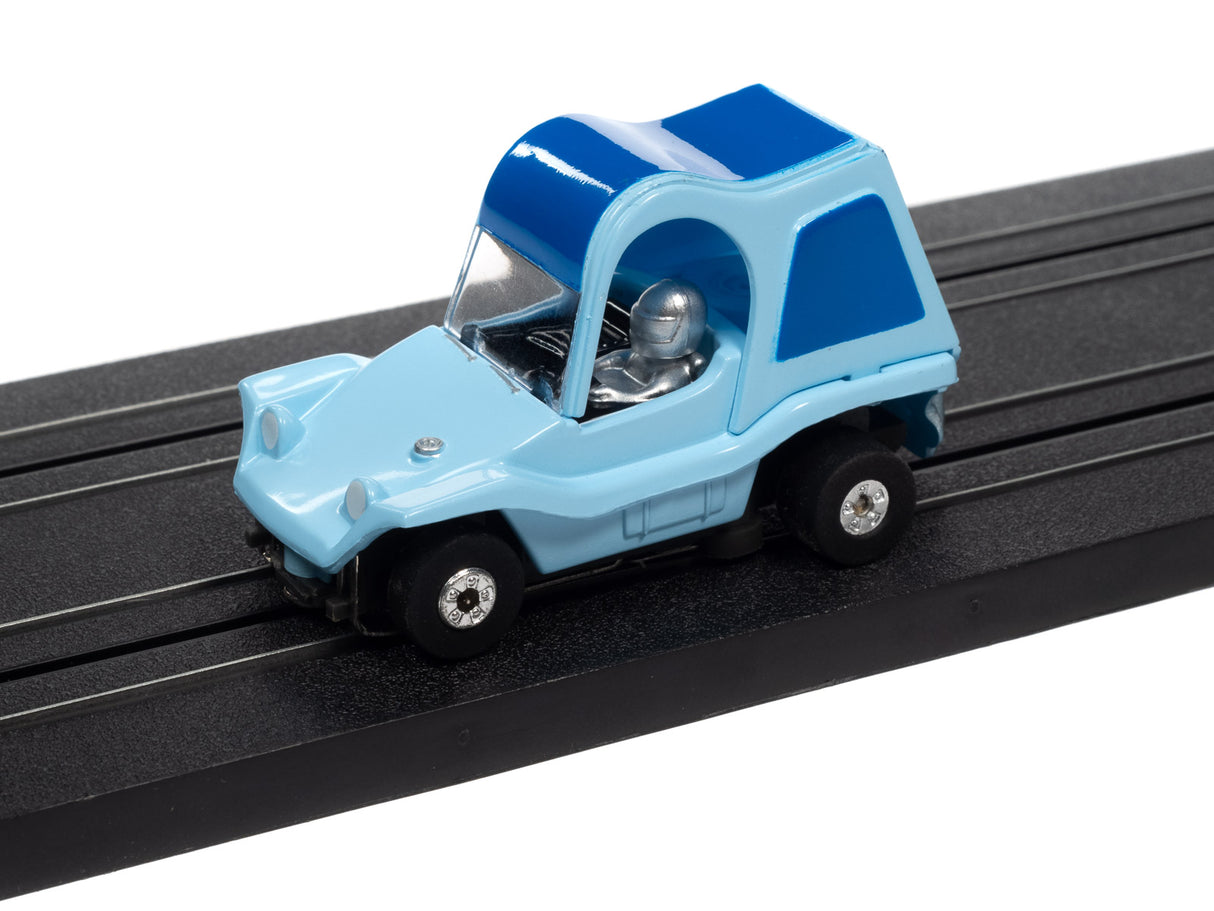Blue and white Thunderjet toy car on black track for Auto World SC367