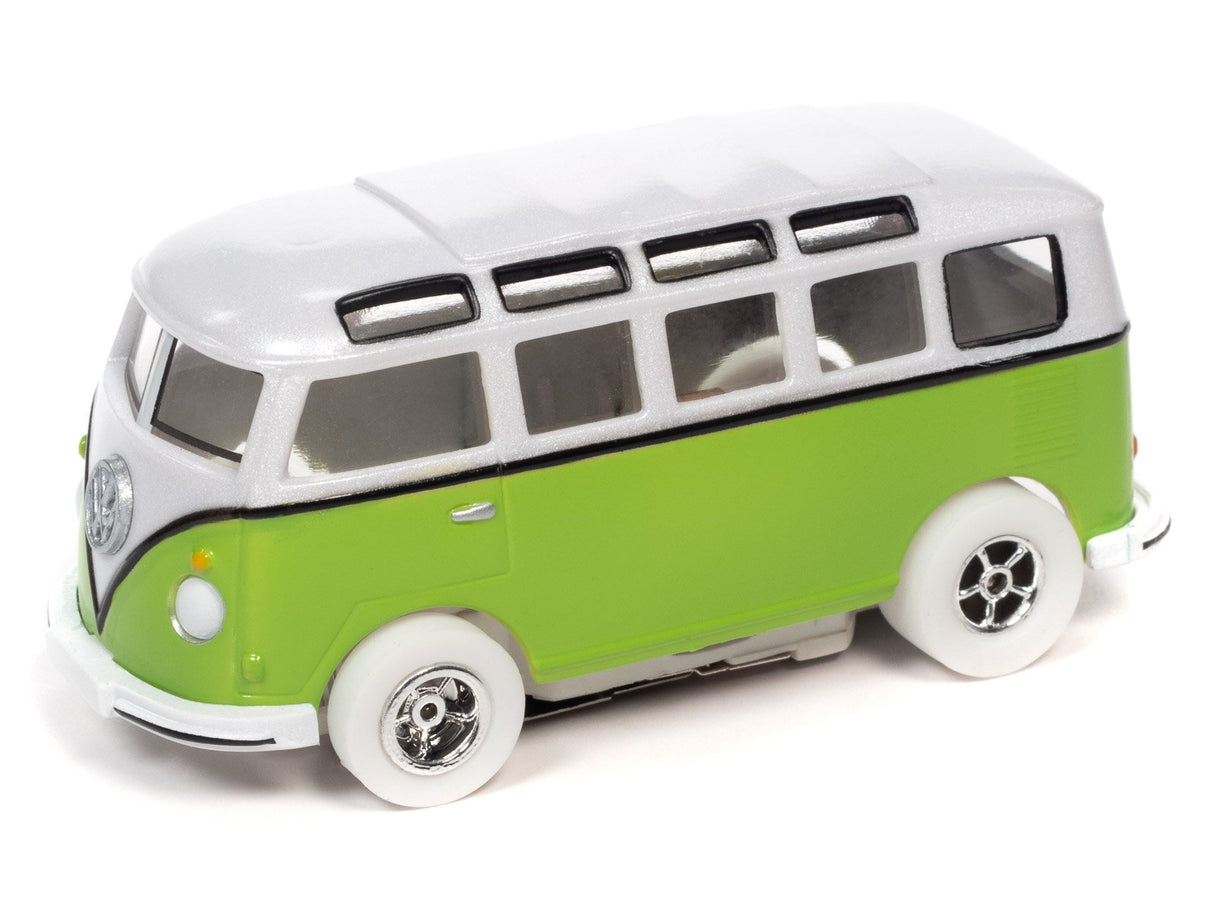 Green and white toy bus with four windows, viewed from the side for Auto World SC368