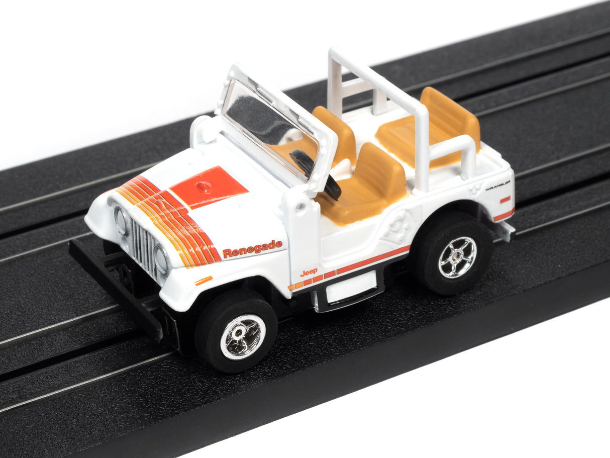 White Jeep Renegade toy car on black track for Auto World SC368