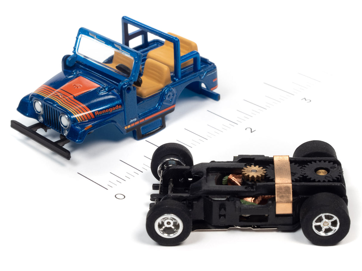 Blue Jeep toy car and disassembled black toy car chassis on white background for Auto World SC368