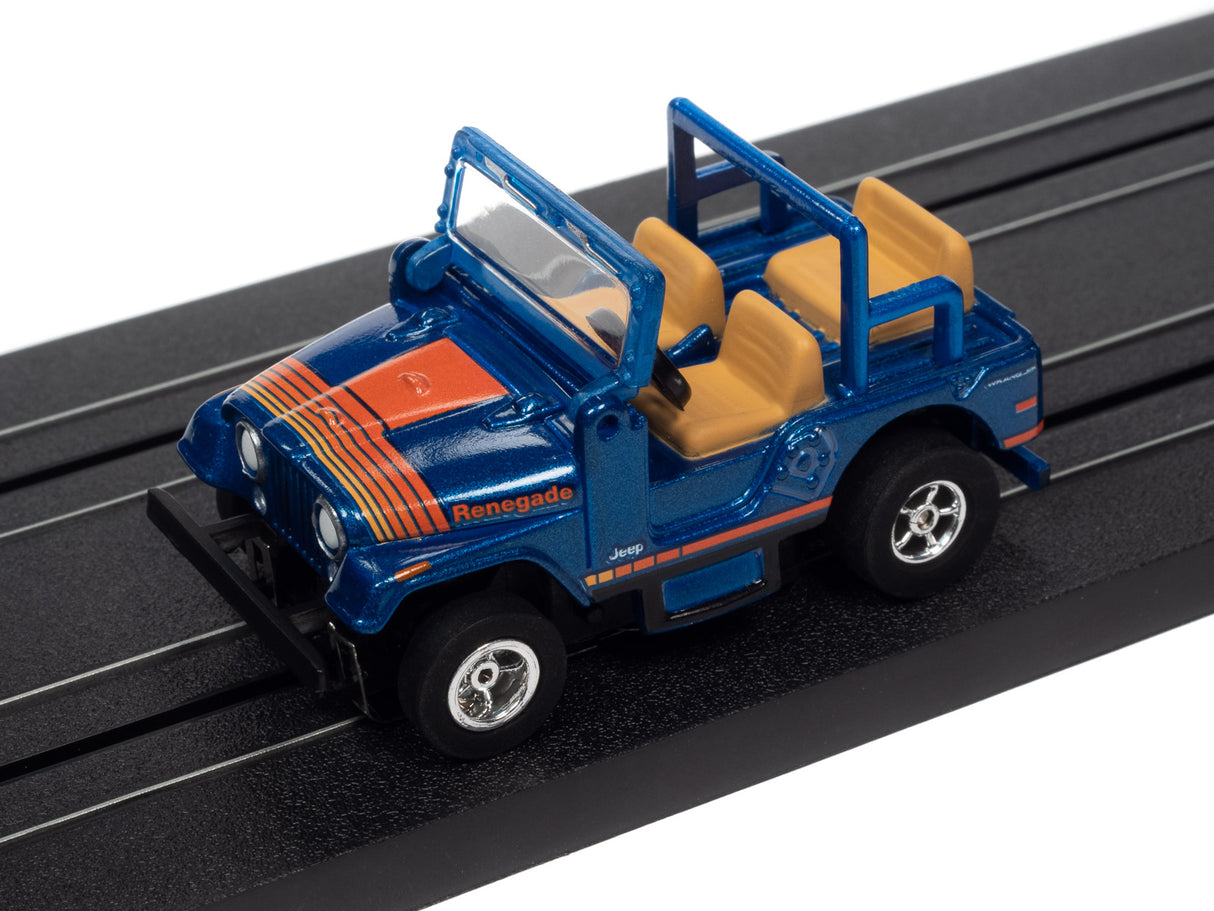 Blue Jeep Renegade toy vehicle on a black track for Auto World SC368