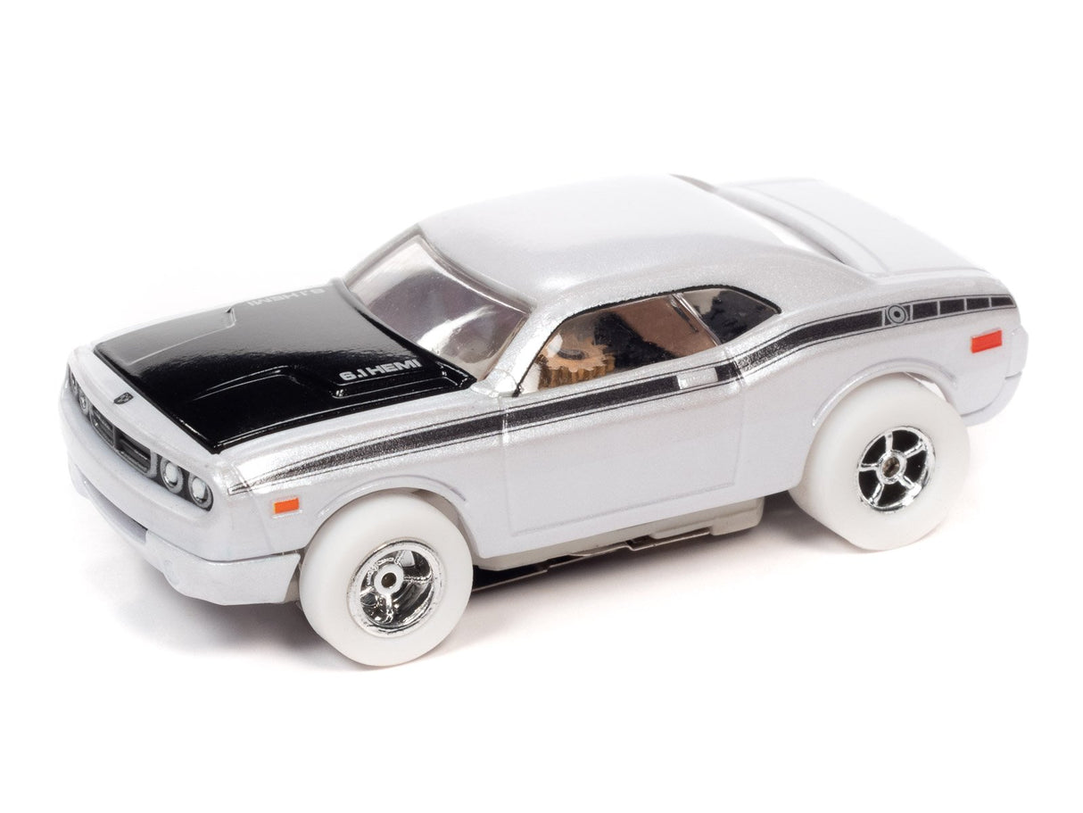 Silver slot car with black hood and chrome details for Auto World SC368