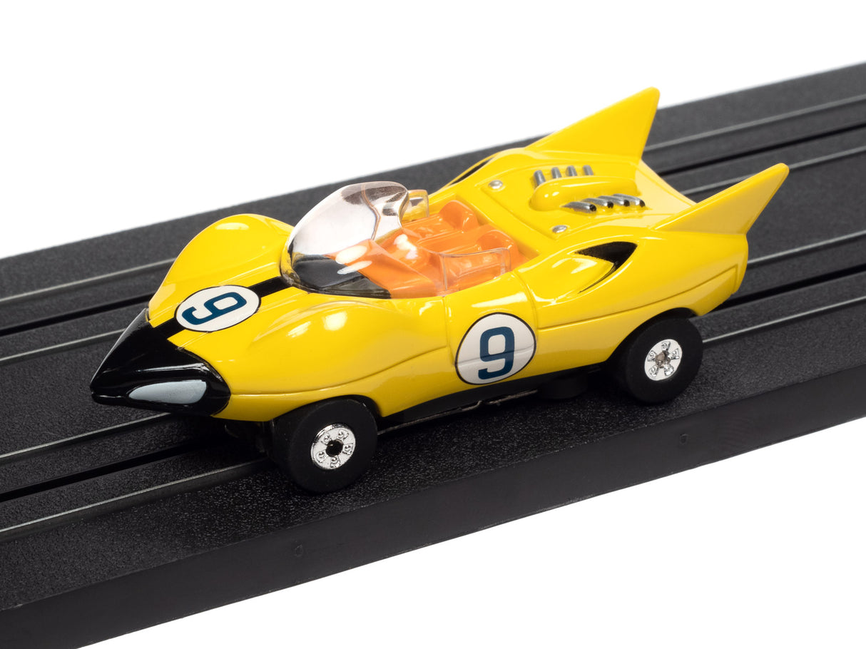 Yellow race car toy on black track, featuring the number 9 for Auto World SC372