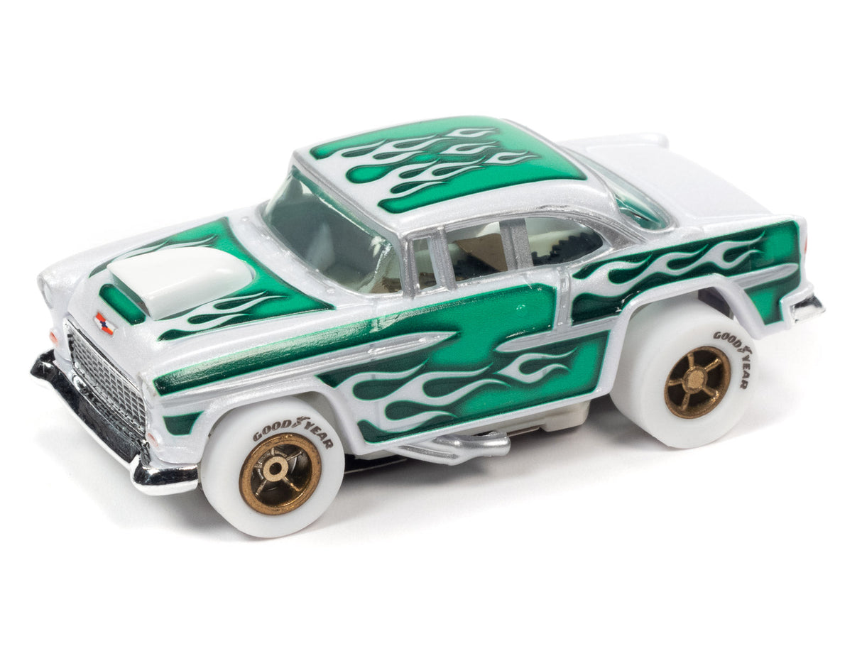 Green and white classic car toy with chrome details for Auto World SC373