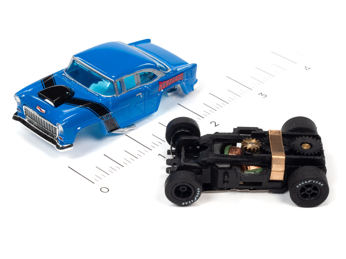 Blue slot car and disassembled black car chassis on a ruler for Auto World SC373