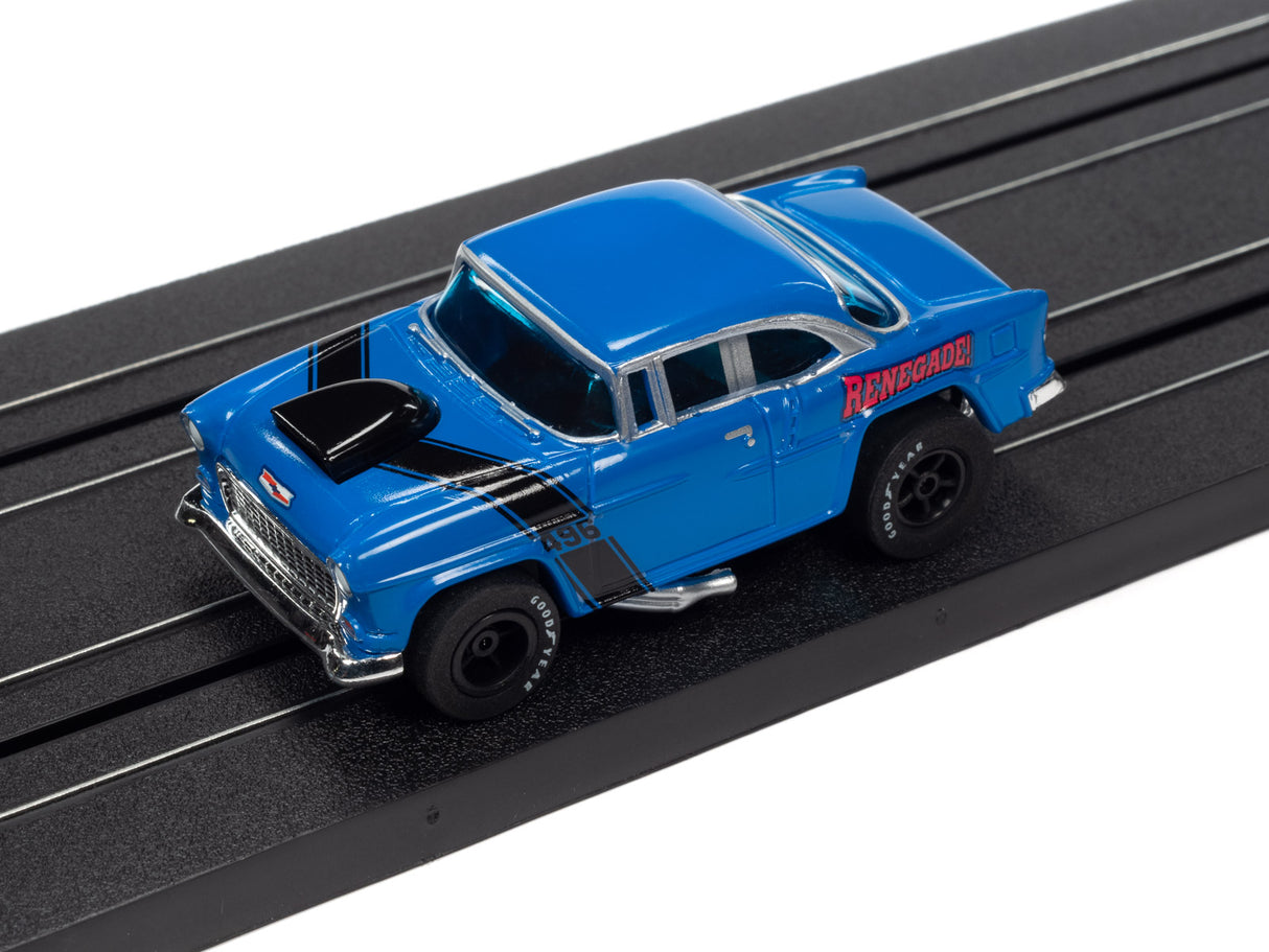 Blue slot car toy on a black track for Auto World SC373