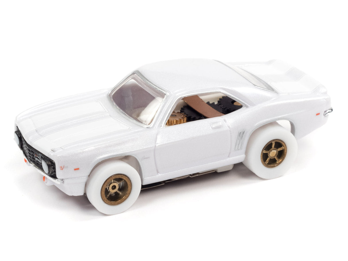 White slot car toy with black accents, viewed from the side for Auto World SC373