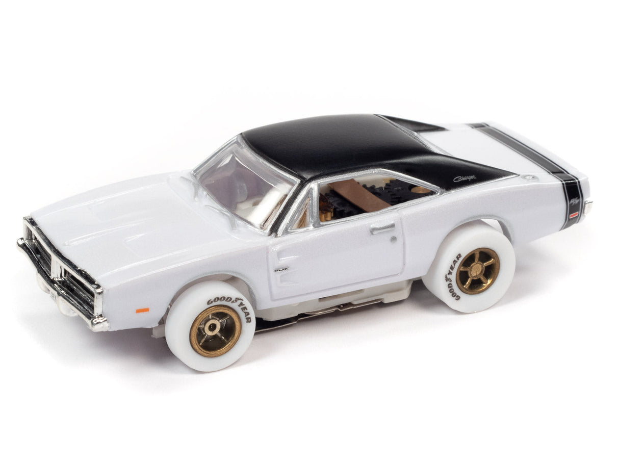 White and black classic car slot car on white background for Auto World SC373