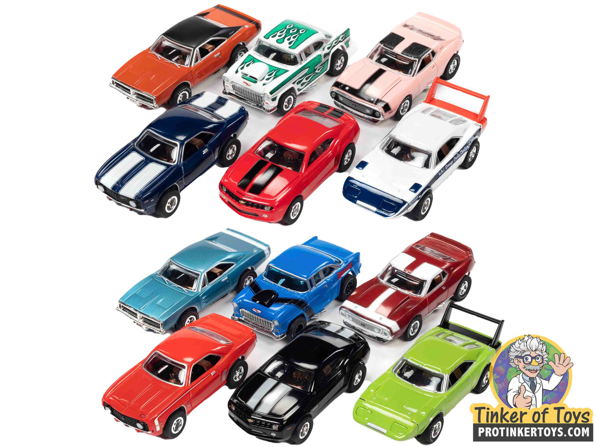 Assortment of slot car toy cars in various colors and styles for Auto World SC373, front view