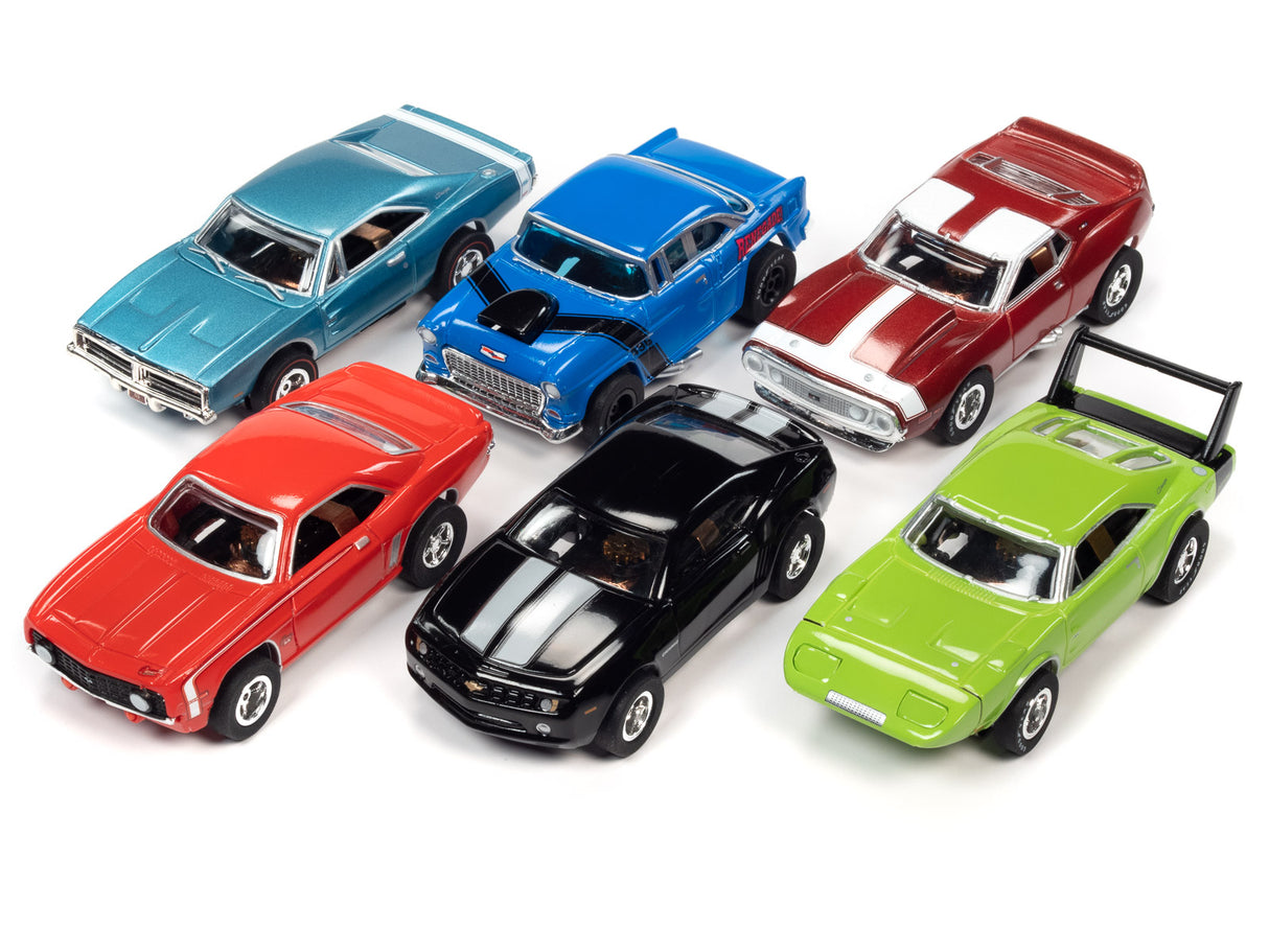 Assortment of slot car toy cars in various colors and styles for Auto World SC373, rear view
