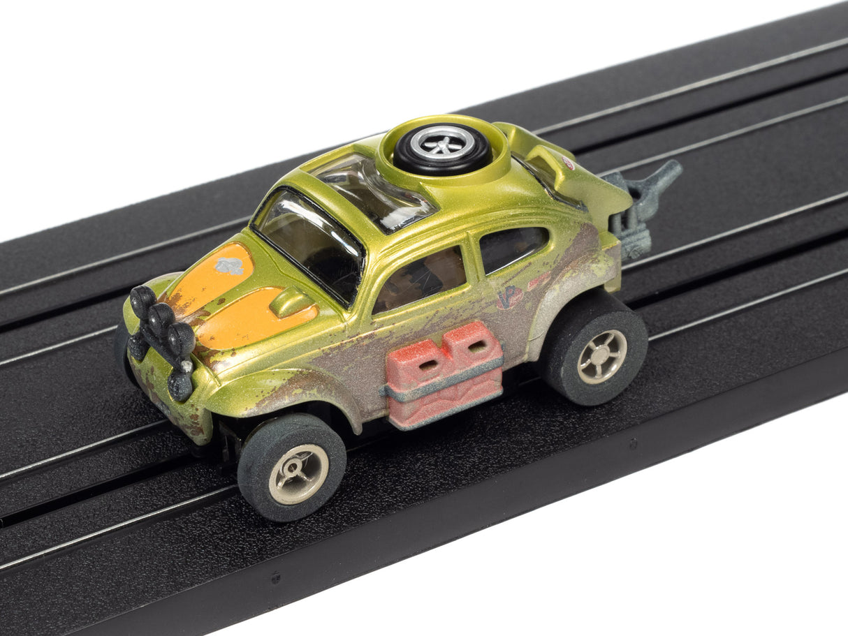 Yellow and green off-road toy car on black track for Auto World SC375