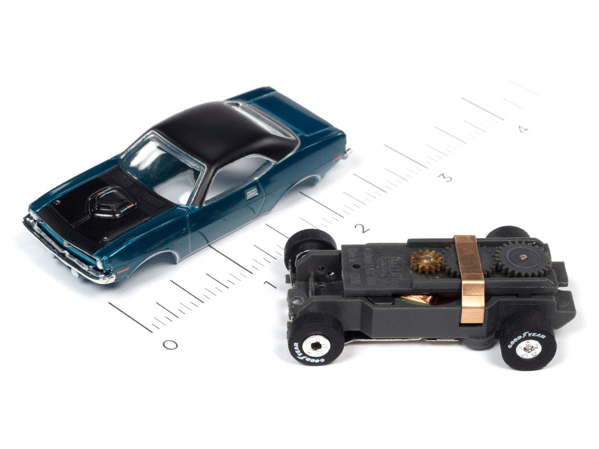Slot car and engine assembly on a ruler for scale comparison for Auto World SC377