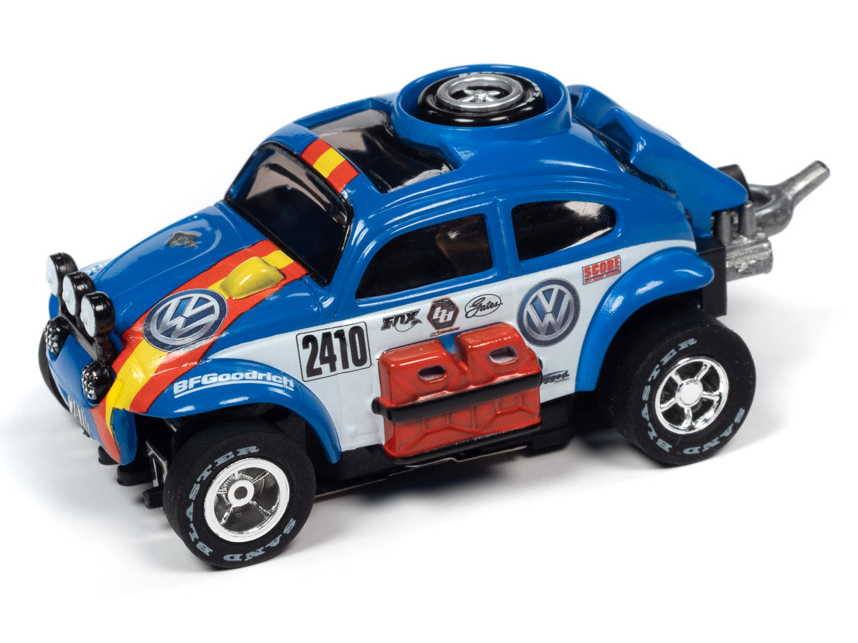 Blue slot car replica of a rally race vehicle for Auto World SC380
