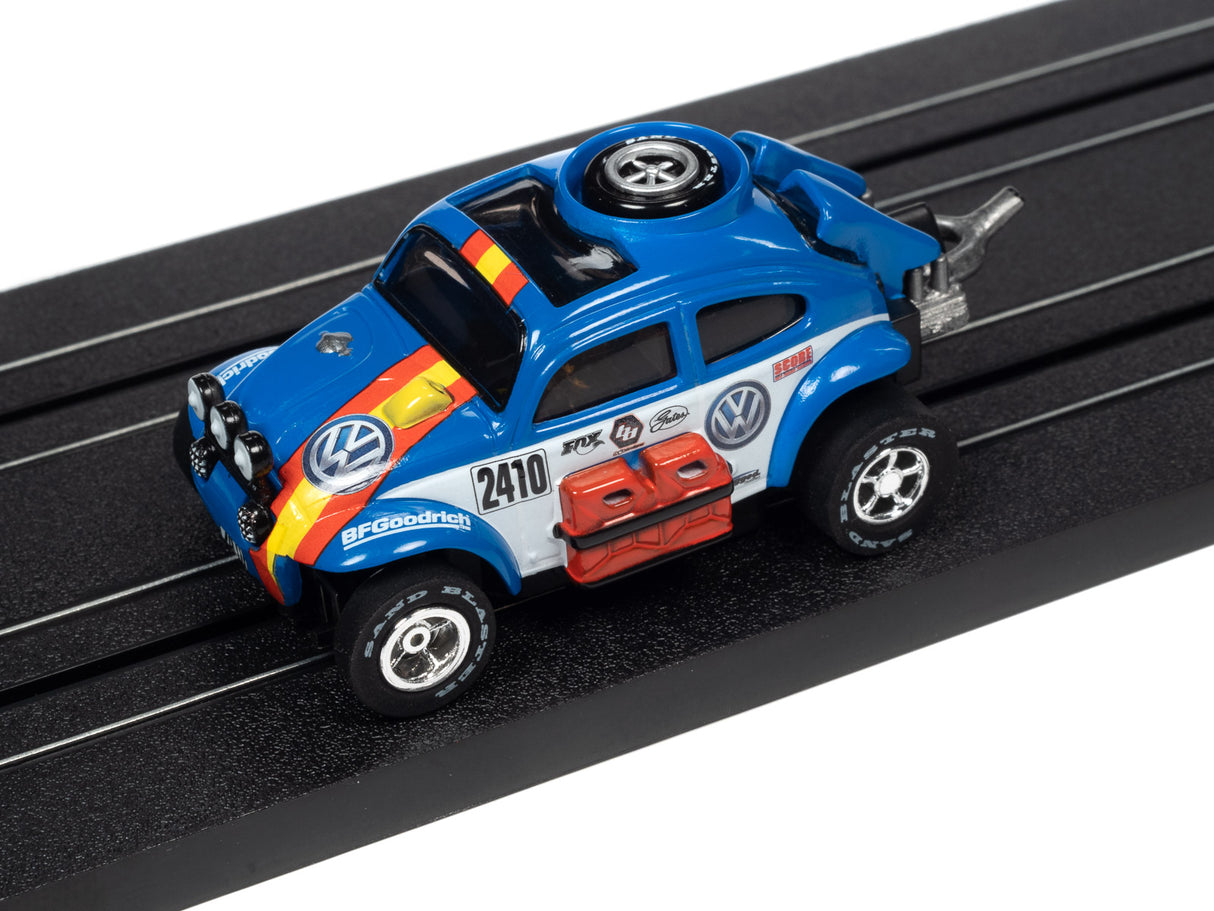 Blue and yellow VW rally car toy on black track for Auto World SC380