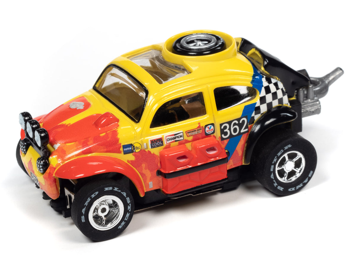Yellow and red toy race car with black accents and number 362 for Auto World SC380