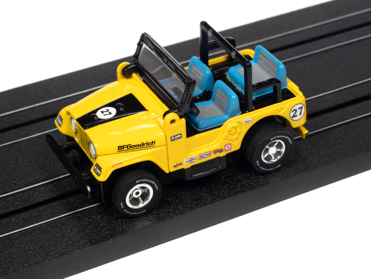 Yellow and blue toy rally car on a black track for Auto World SC380