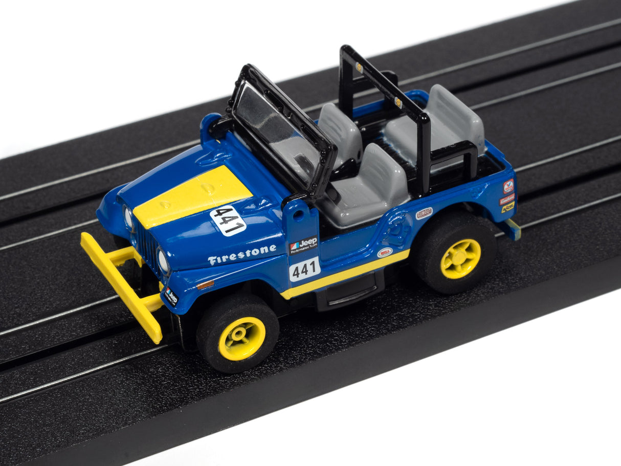 Blue and yellow Jeep toy vehicle on a black track for Auto World SC380