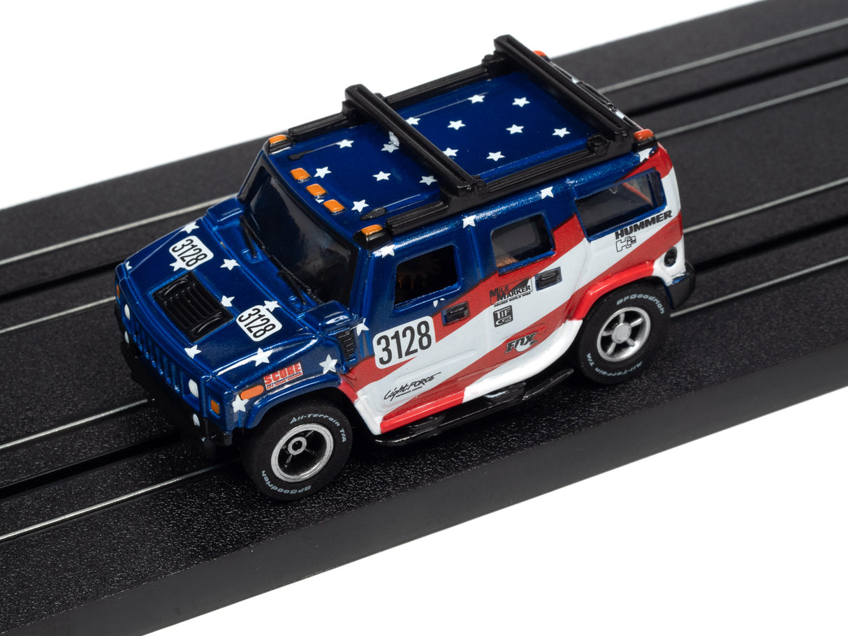 Blue and red Hummer toy car on a black track for Auto World SC380