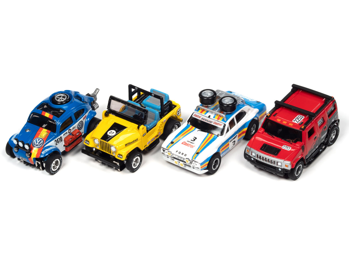 Five slot car race cars lined up: blue, yellow, white, blue/white, and red for Auto World SC380