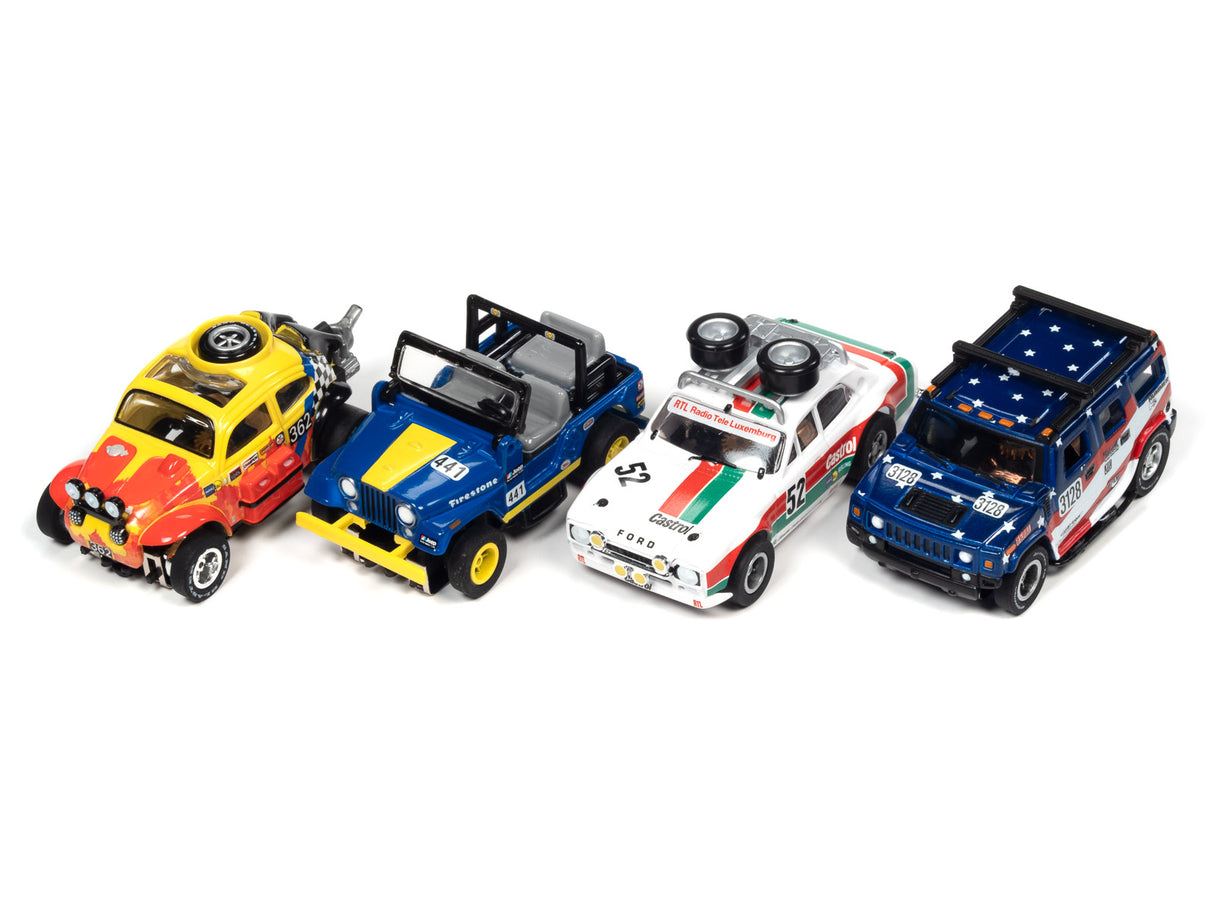 Assortment of slot car race cars: yellow, blue, white, and blue/red for Auto World SC380