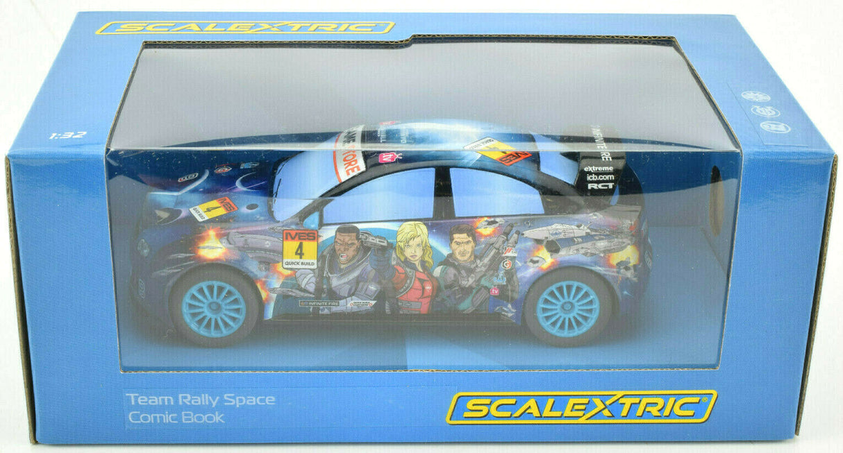Box art for Team Rally Space Comic Book featuring race cars and characters for Scalextric C3962