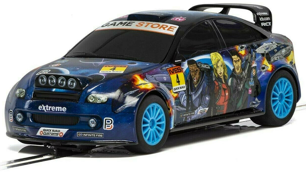 Blue race car with comic book characters, representing a team rally space theme for Scalextric C3962