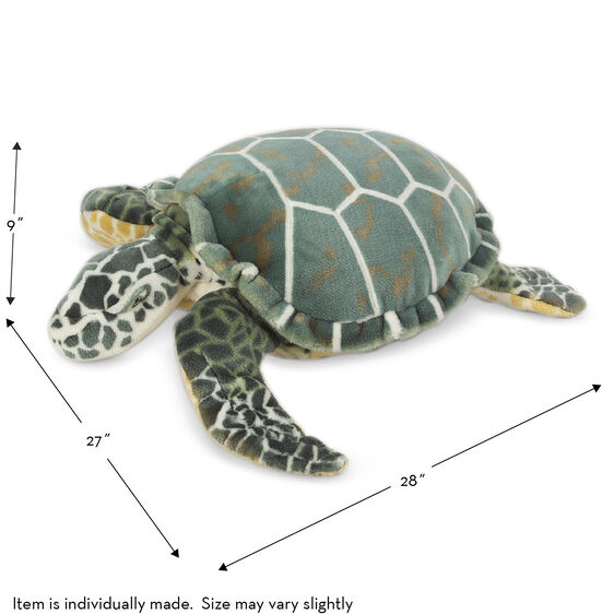 Stuffed sea turtle toy, showing dimensions for size reference for Melissa and Doug 2127