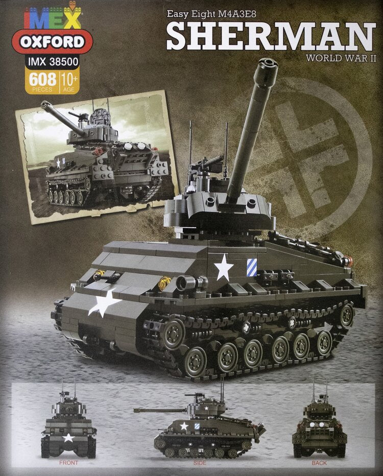 Model kit box art showing a detailed build of a Sherman tank from WWII for Oxford OXF38500