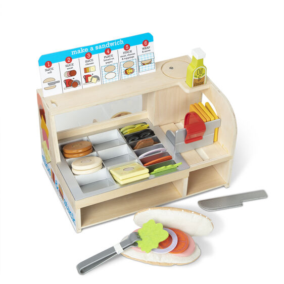 Wooden toy sandwich counter set with play food and accessories for Melissa and Doug 31650