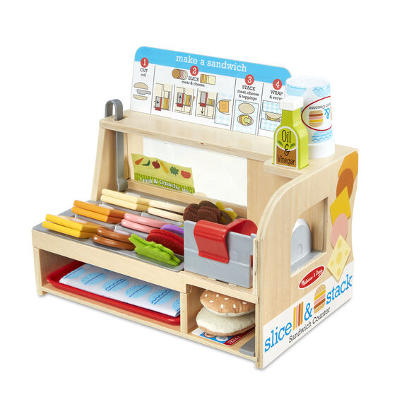 Wooden toy sandwich counter set for imaginative play with food accessories for Melissa and Doug 31650