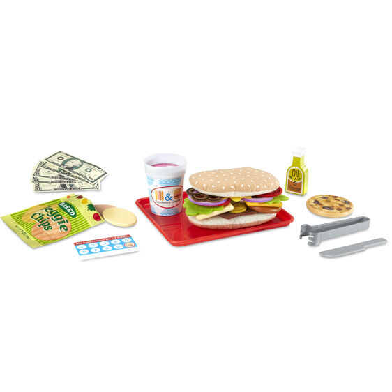 Play food set with sandwich, chips, money, and utensils for role-play for Melissa and Doug 31650