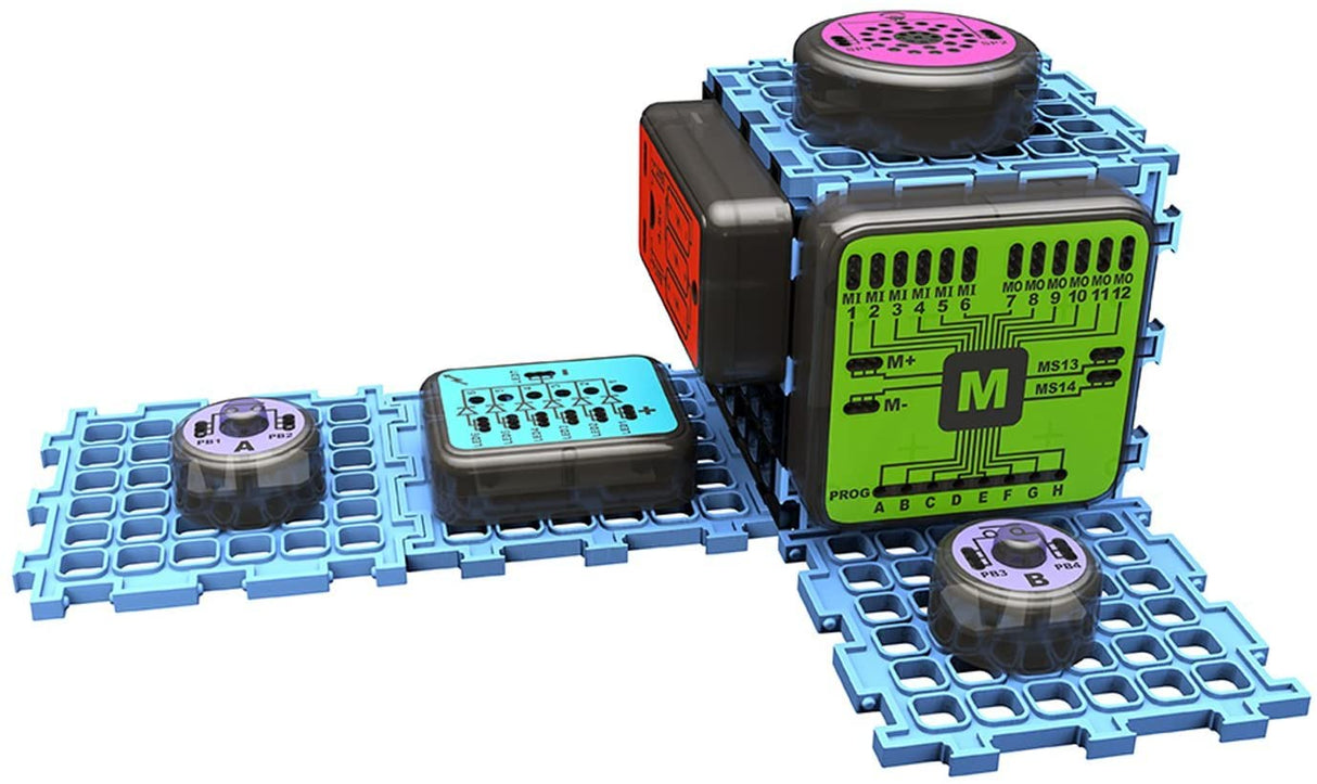 Electronics kit components arranged on blue circuit boards for learning for Smart Lab 00485