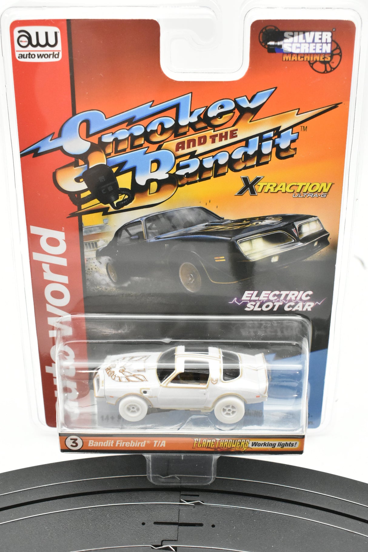White slot car replica of a classic muscle car for Auto World KITT, package view