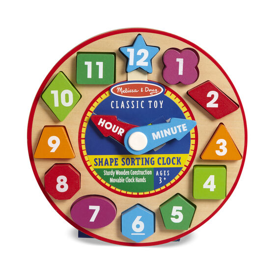 Wooden shape sorting clock toy with movable hour and minute hands for learning time for Melissa and Doug 8593