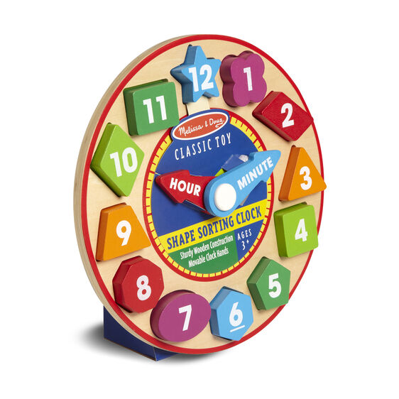 Wooden clock toy with numbered, shape-sorting hands for learning time for Melissa and Doug 8593