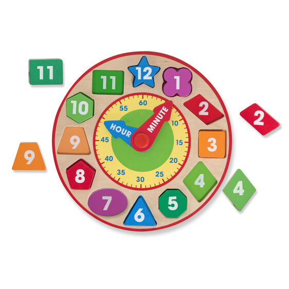Clock learning toy with numbered, shaped pieces for time telling practice for Melissa and Doug 8593