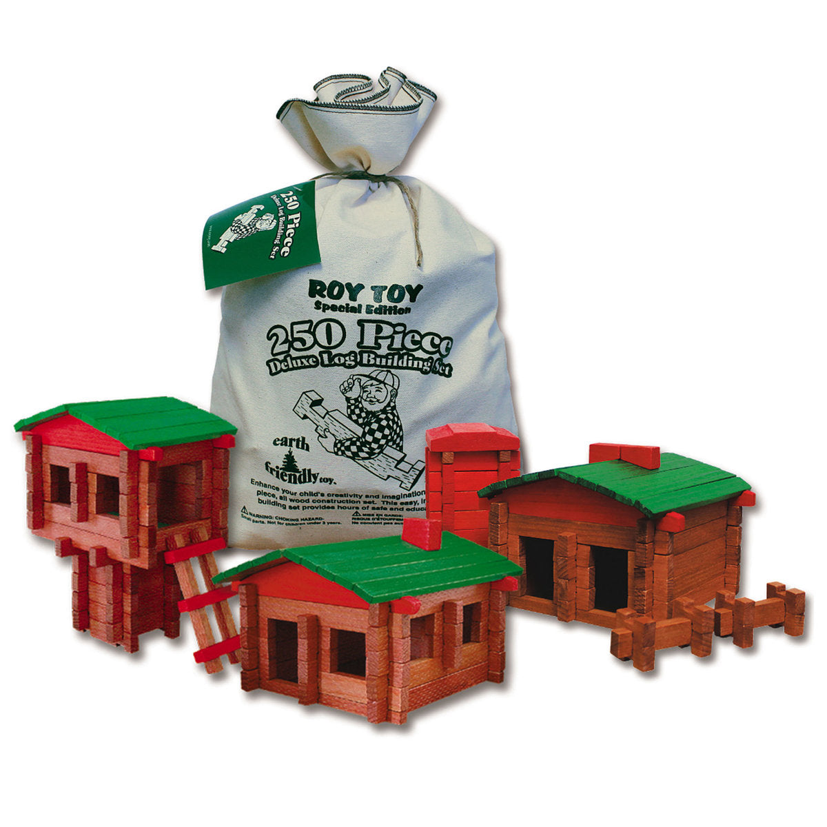 Wooden toy building set with three small log cabin structures for Roy Toy RTDS