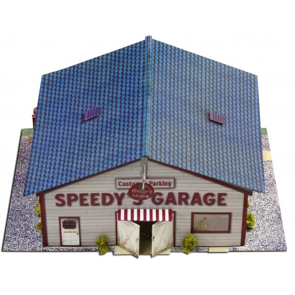 Model kit of a garage building with blue roof and white facade for Innovative Hobby Supply BK6422