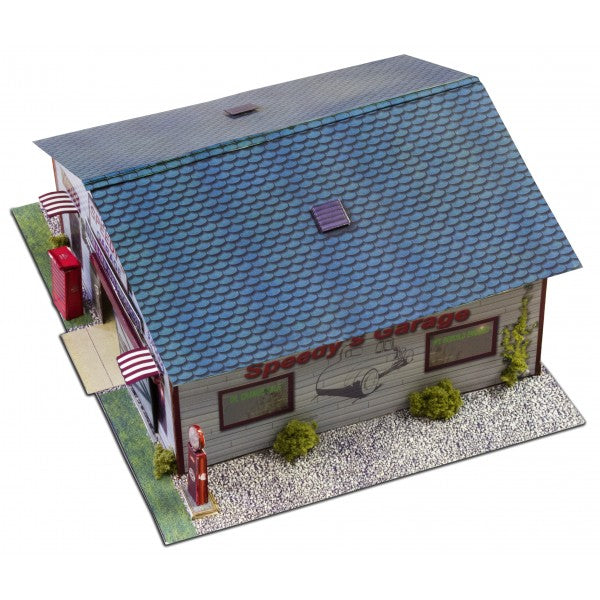 Model kit of Speedy's Garage with blue roof and detailed facade for Innovative Hobby Supply BK6422