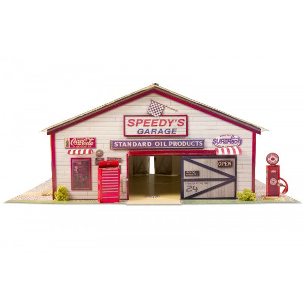 Model kit of a vintage garage with signage and details for Innovative Hobby Supply BK6422